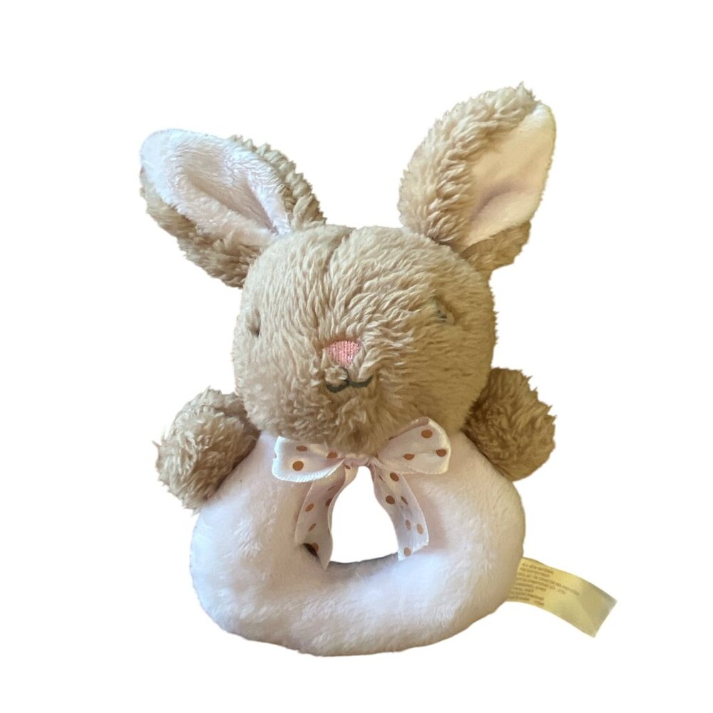 Plush Bunny Rabbit Baby Rattle Plush Toy Pink Polka Dot Bow Soft Infant 7"